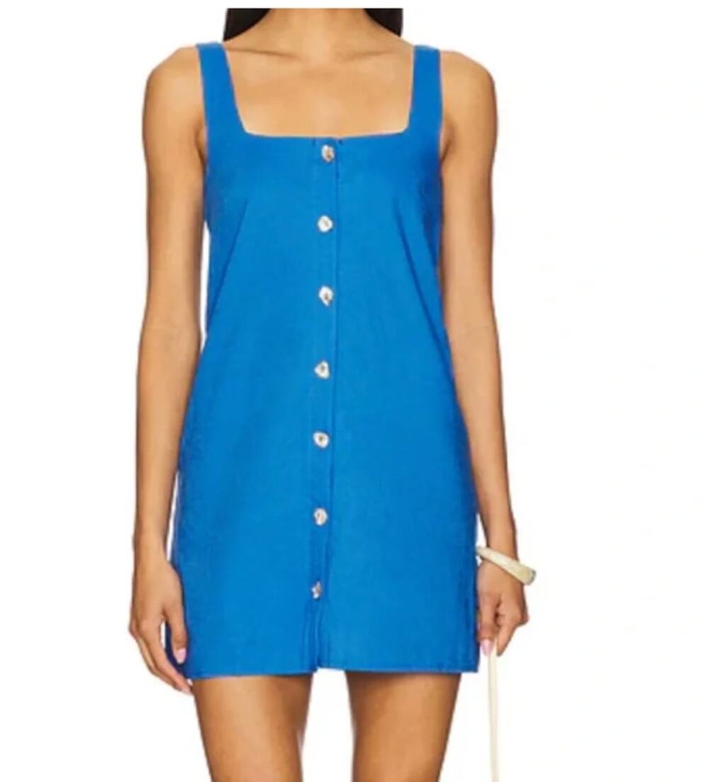 SNDYS Shelley Button Up Square Neck Mini Dress Blue XS